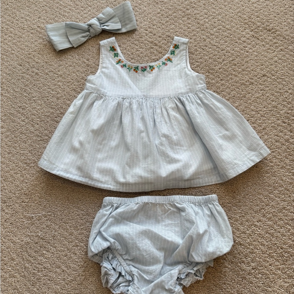 Baby Gap Light Blue with White Stripes Sleeveless Dress with Bloomers & Headband